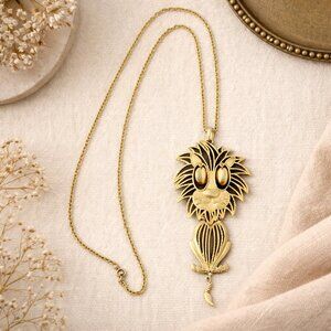 Vintage Alan Lion Pendant Necklace Gold Tone Long Chain Articulated 1970s